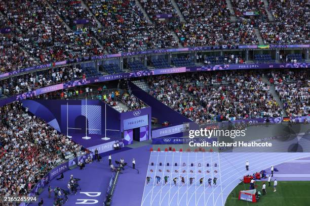 An aerial view as athletes compete during the Men's 100m Semi-Final on day nine of the Olympic Games Paris 2024 at Stade de France on August 04, 2024...