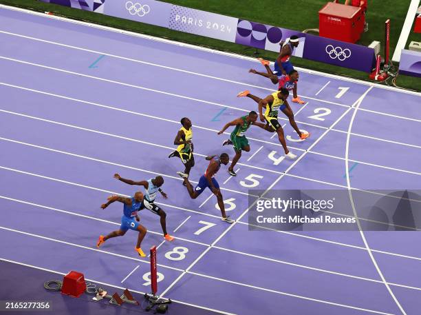 An aerial view as Noah Lyles of Team United States crosses the finish line winning the gold medal in the Men's 100m Final on day nine of the Olympic...