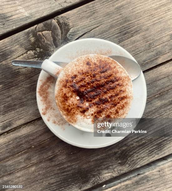 soy chai tea latte froth and cinnamon in white cup and saucer on rustic wooden table in london in april 2024 - canela imagens e fotografias de stock