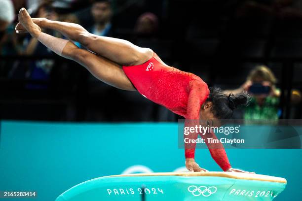 Simone Biles of the United States performs her vault during her gold medal performance in the Artistic Gymnastics, Women's Vault Final at the Bercy...