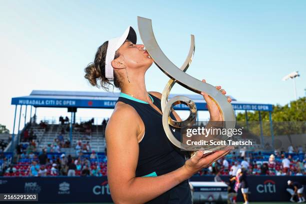 Paula Badosa of Spain kisses the championship trophy after winning the women's singles finals match against Marie Bouzkova of Czechia on the final...