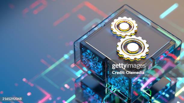 digital gears sign on cpu. innovations, technology and development. - digital transformation stock pictures, royalty-free photos & images