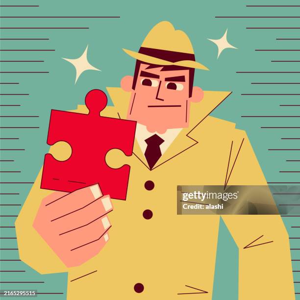 stockillustraties, clipart, cartoons en iconen met a cool detective holds a big jigsaw puzzle piece - detective