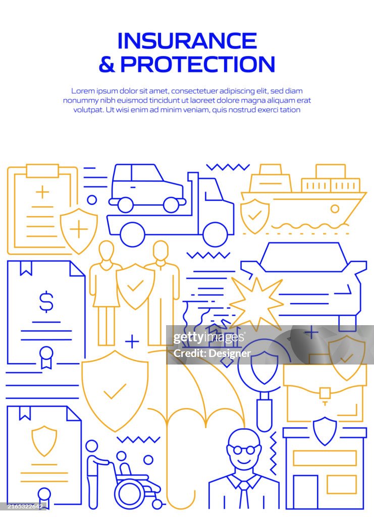 INSURANCE AND PROTECTION Related Line Style Banner Design for Web Page, Headline, Brochure, Annual Report and Book Cover
