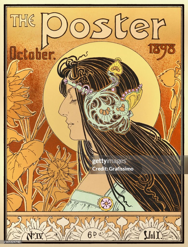 Beautiful woman with sunflowers and headwear Art Nouveau 1898