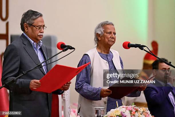 Nobel laureate Muhammad Yunus takes the oath of office as the chief adviser of Bangladesh's new interim government during the oath-taking ceremony...