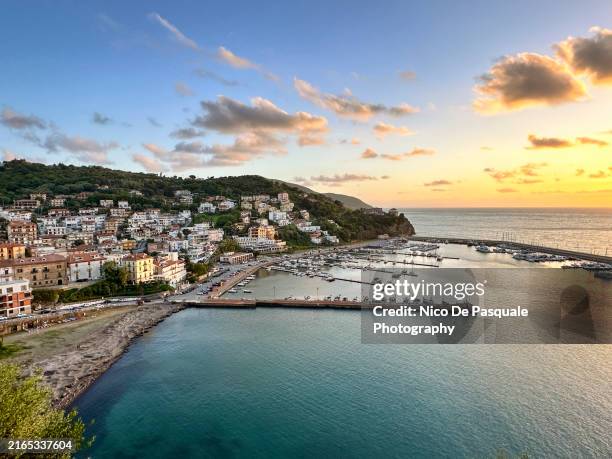 aerial view of agropoli at sunset, salerno, italy - southern italy stock pictures, royalty-free photos & images