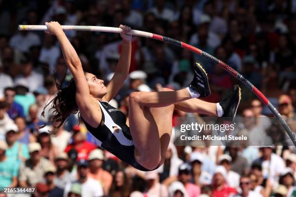 Imogen Ayris of Team New Zealand competes during Women's Pole Vault Qualification on day ten of the Olympic Games Paris 2024 at Stade de France on...