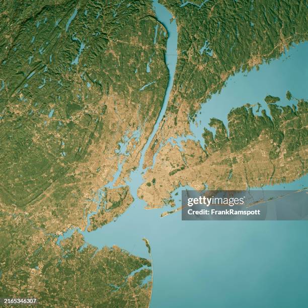 new york city satellite topographic map 3d render true color - long island stock pictures, royalty-free photos & images