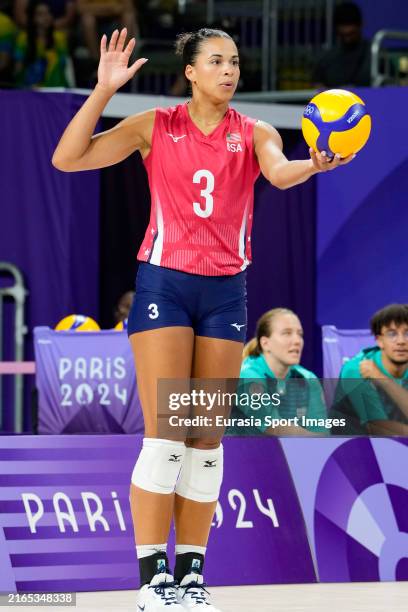 Avery Skinner of United States serves the ball against Team Brazil during the Women's Semifinals on day thirteen of the Olympic Games Paris 2024 at...