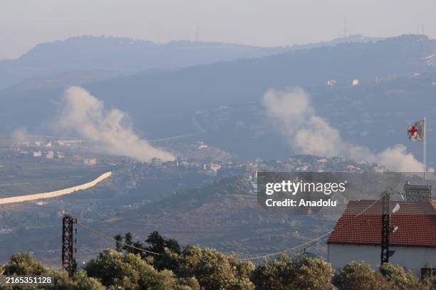 Smoke rises as Israeli attacks continue on the border line in southern Lebanon, on August 08, 2024 in Kfar Kila, Lebanon.