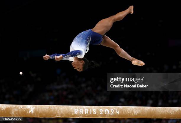 Simone Biles of Team United States competes during the Artistic Gymnastics Women's Balance Beam Final on day ten of the Olympic Games Paris 2024 at...