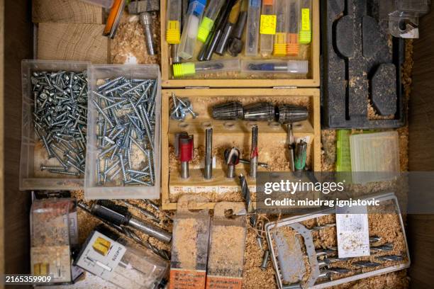 work equipment in carpentry workshop - woodshop stock pictures, royalty-free photos & images