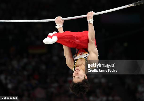Shinnosuke Oka of Team Japan reacts after competing in the Artistic Gymnastics Men's Horizontal Bar Final on day ten of the Olympic Games Paris 2024...