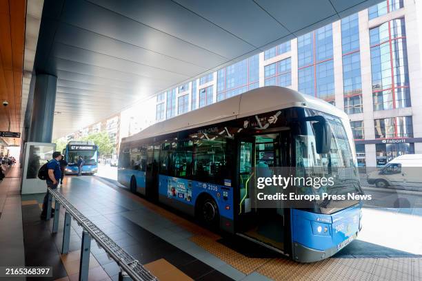 Bus of line 135, at the Plaza de Castilla interchange, on August 5 in Madrid, Spain. Empresa Municipal de Transportes de Madrid has extended the...