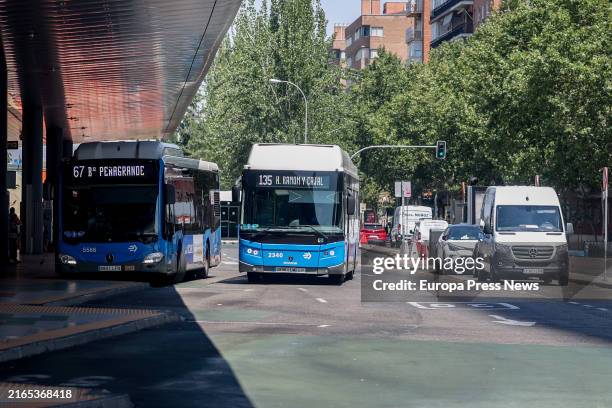 Bus of line 135, at the Plaza de Castilla interchange, on August 5 in Madrid, Spain. Empresa Municipal de Transportes de Madrid has extended the...