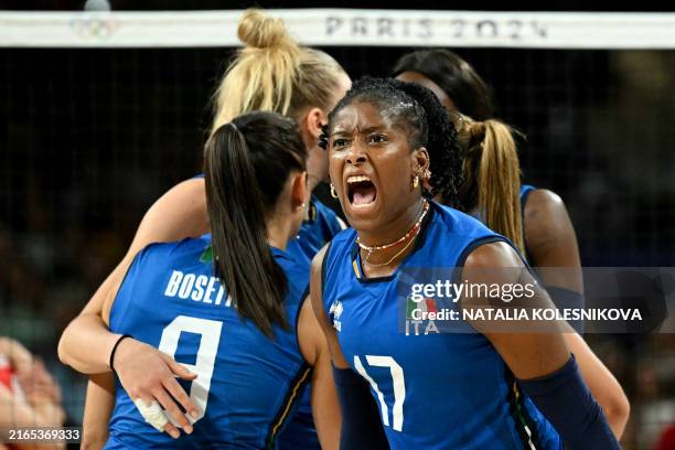 Italy's Myriam Fatime Sylla reacts during the women's volleyball semi-final match between Turkey and Italy at the South Paris Arena 1 in Paris on...