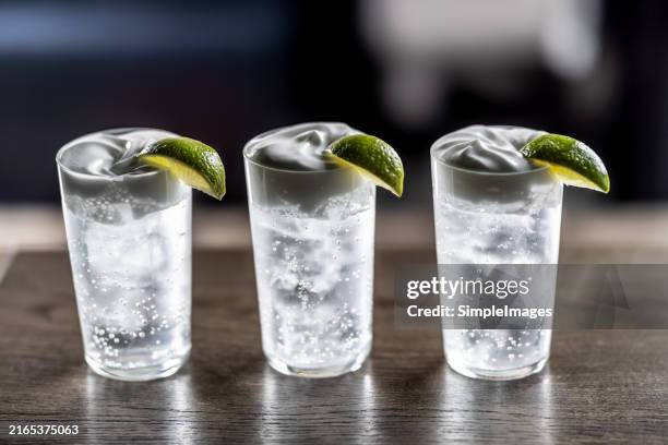skinny bitch mediterranean cocktail drink with vodka, soda, lemon foam and lime on bar counter. - tonic water stock pictures, royalty-free photos & images