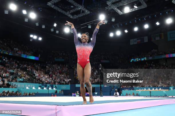 Simone Biles of Team United States reacts after competing in the Artistic Gymnastics Women's Floor Exercise Final on day ten of the Olympic Games...