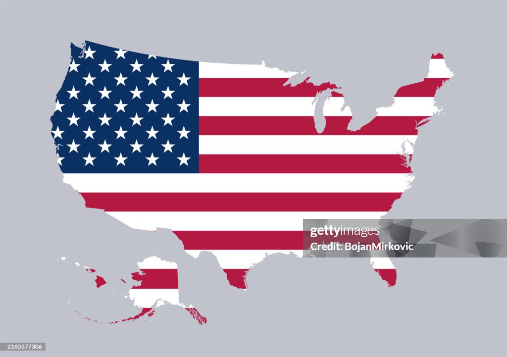 Bandiera degli Stati Uniti a forma di mappa, comprese le Hawaii e l'Alaska. Mappa dettagliata. Vettore