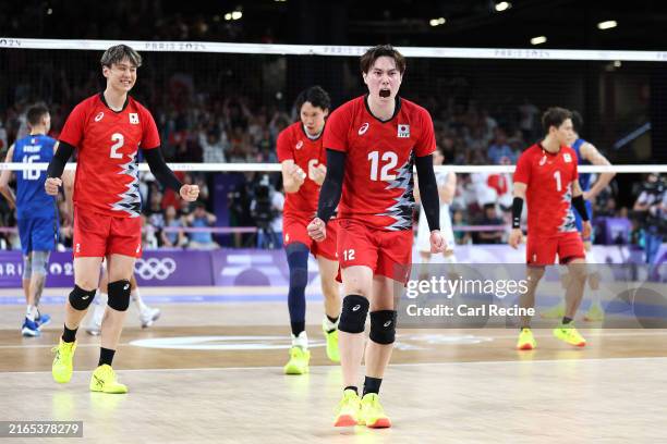 Ran Takahashi of Team Japan celebrates during the Men's Quarterfinal match between Team Italy and Team Japan on day ten of the Olympic Games Paris...