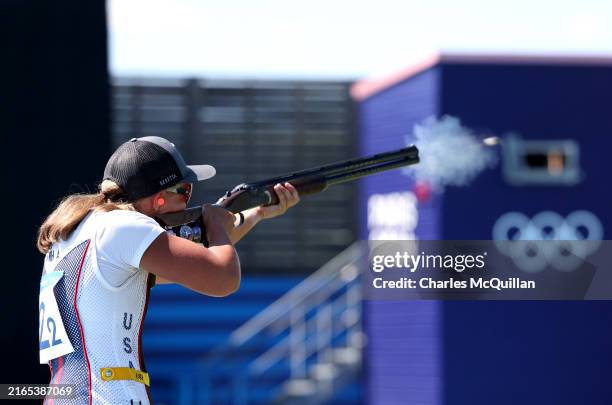 Austen Jewell Smith of Team United States competes during the Skeet Mixed Team Gold Medal Match between Team Italy and Team United States on day ten...