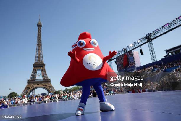 An Olympic Phryge, the official mascot of the 2024 Paris Olympics, performs at Champions Park on day ten of the Olympic Games Paris 2024 on August...