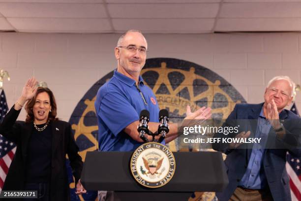 President Shawn Fain speaks during a campaign event with US Vice President and 2024 Democratic presidential candidate Kamala Harris and Minnesota...