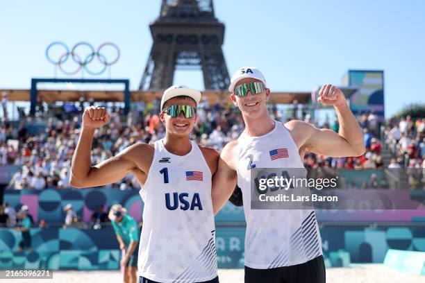 Miles Partain and Andrew Benesh of Team United States celebrate after winning a Men's Round of 16 match against Team Italy on day ten of the Olympic...