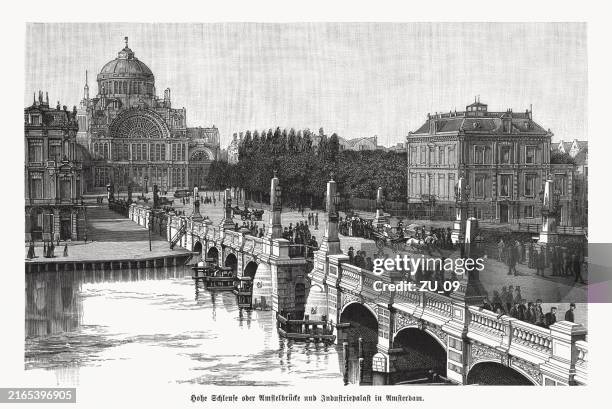 paleis voor volksvlijt in amsterdam, netherlands, wood engraving, published 1892 - amstel river stock illustrations