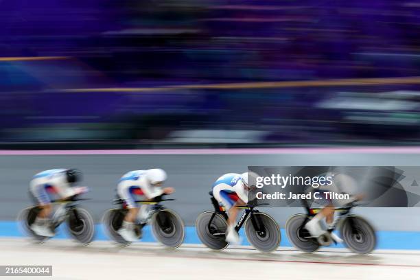 Thomas Boudat, Benjamin Thomas, Thomas Denis and Valentin Tabellion of Team France compete during the Men's Team Pursuit Qualifiers on day ten of the...