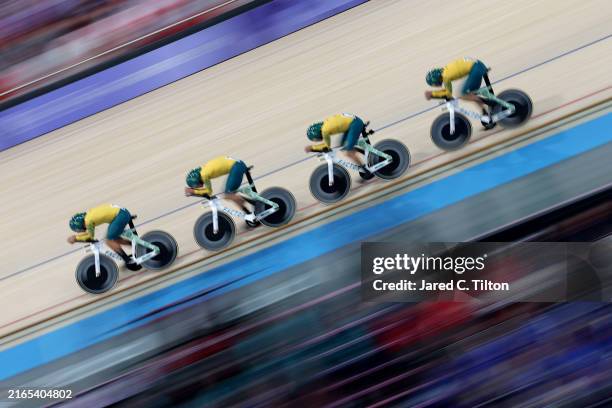 Sam Welsford, Oliver Bleddyn, Conor Leahy and Kelland O'Brien of Team Australia compete during the Men's Team Pursuit Qualifiers on day ten of the...