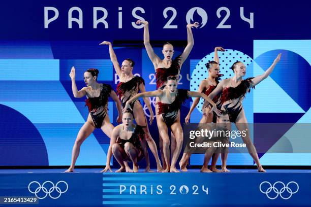 Members of Team Canada compete in the Team Technical Routine on day ten of the Olympic Games Paris 2024 at Aquatics Centre on August 05, 2024 in...