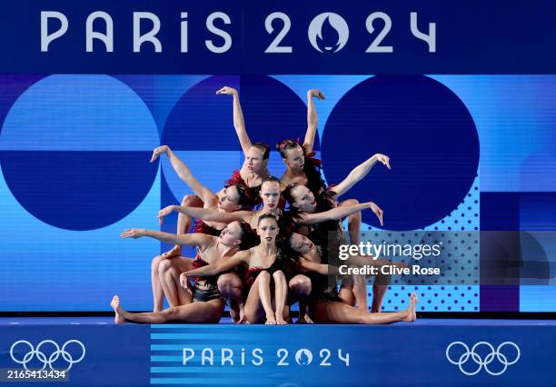 Members of Team Canada compete in the Team Technical Routine on day ten of the Olympic Games Paris 2024 at Aquatics Centre on August 05, 2024 in...