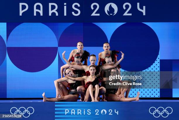 Members of Team Canada compete in the Team Technical Routine on day ten of the Olympic Games Paris 2024 at Aquatics Centre on August 05, 2024 in...