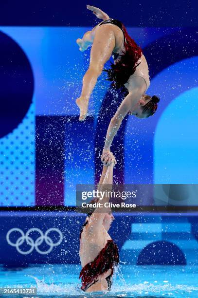 Members of Team Canada compete in the Team Technical Routine on day ten of the Olympic Games Paris 2024 at Aquatics Centre on August 05, 2024 in...