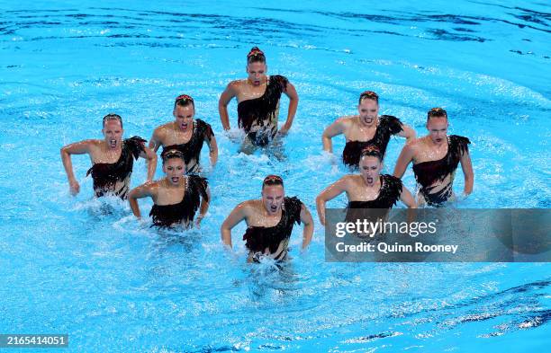 Members of Team Canada compete in the Team Technical Routine on day ten of the Olympic Games Paris 2024 at Aquatics Centre on August 05, 2024 in...