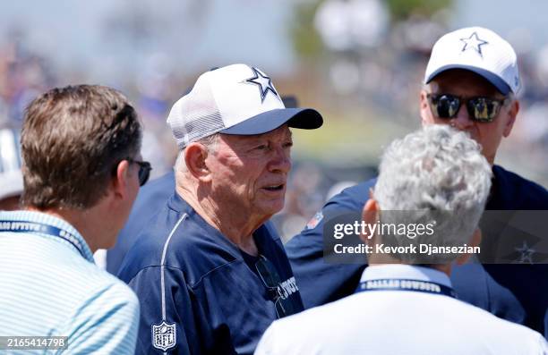 Owner Jerry Jones of the Dallas Cowboys attends a joint practice with the Los Angeles Rams at training camp on August 8, 2024 in Oxnard, California.