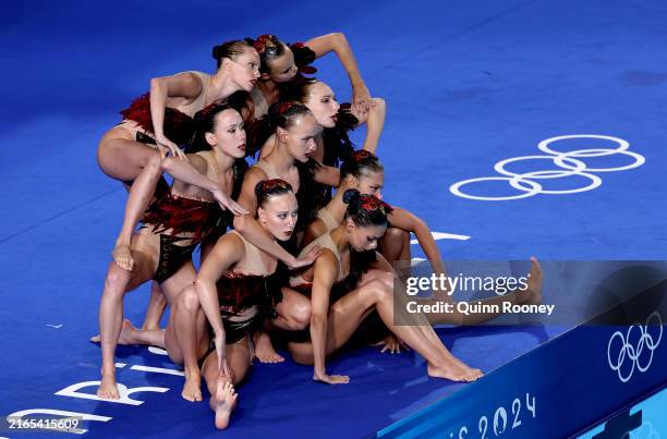 Members of Team Canada compete in the Team Technical Routine on day ten of the Olympic Games Paris 2024 at Aquatics Centre on August 05, 2024 in...