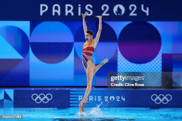 Member of Team Spain competes in the Team Technical Routine on day ten of the Olympic Games Paris 2024 at Aquatics Centre on August 05, 2024 in...