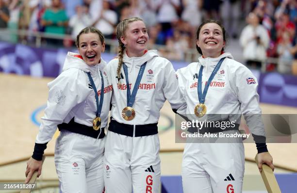 Gold medalists Katy Marchant, Sophie Capewell and Emma Finucane of Team Great Britain celebrate on the podium during the Women’s Team Sprint, Finals...