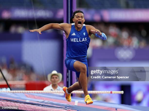 Emmanouil Karalis of Team Greece reacts during the Men's Pole Vault Final on day ten of the Olympic Games Paris 2024 at Stade de France on August 05,...
