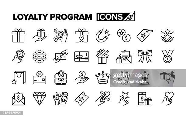 loyalty program line icon set. group of object. benefits, employee benefits, coupon, customer, gift. - incentive stock illustrations