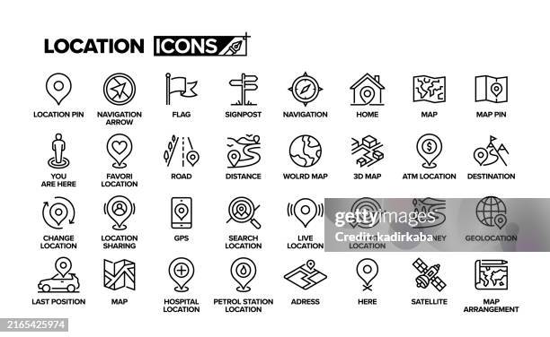 location line icon set. group of object, navigation, signpost, map, gps, 3d map, adress. - road sign icon vector stock illustrations