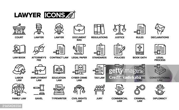 anwaltszeilen-icon-set. gruppe von objekten. gericht, vorschriften, regierungsführung, gerechtigkeit, hammer. - bestrafung stock-grafiken, -clipart, -cartoons und -symbole