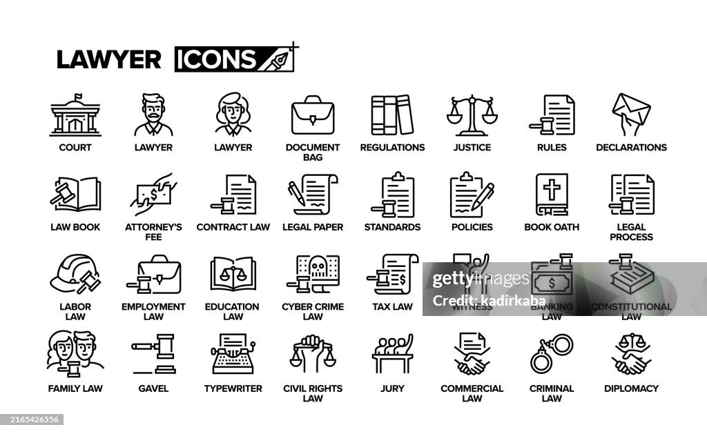 Lawyer line icon set. Group of object. Court, regulations, governance, justice, gavel.