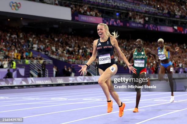 Gold medalist Keely Hodgkinson of Team Great Britain celebrates during the Women's 800m Final on day ten of the Olympic Games Paris 2024 at Stade de...