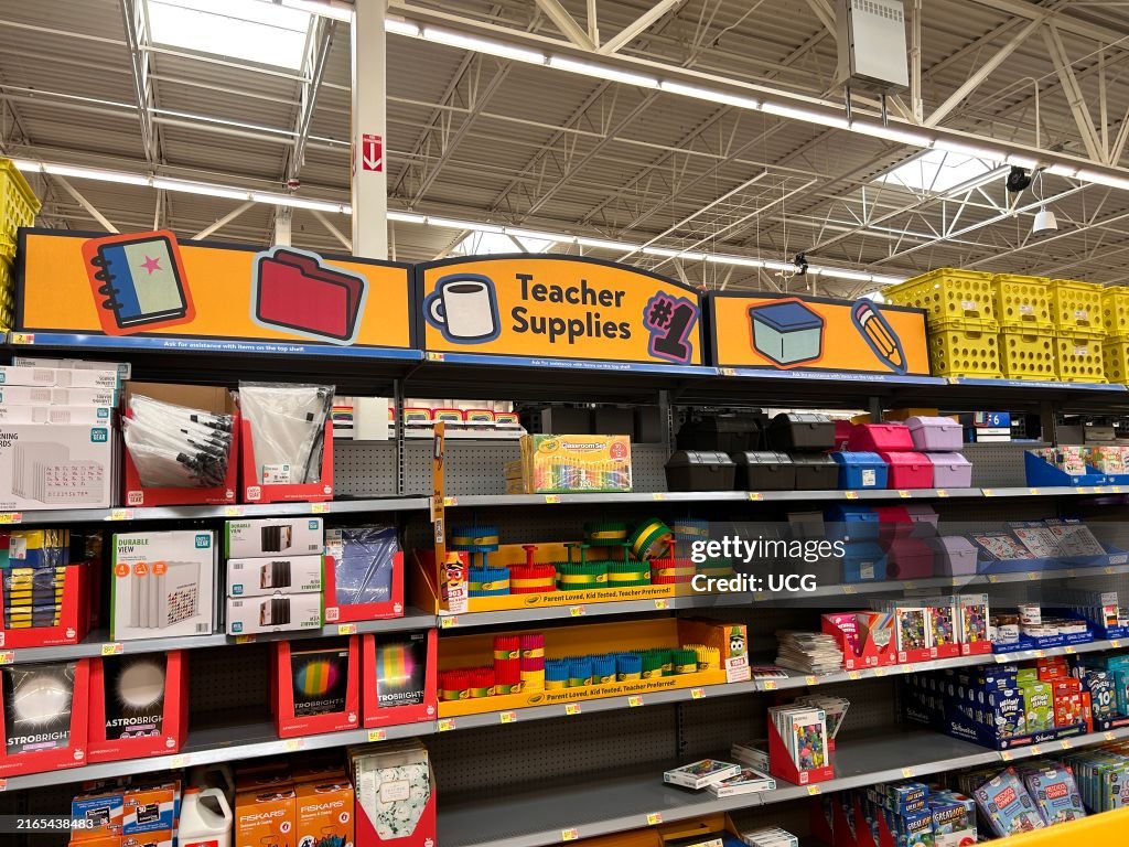Walmart store Back to school aisle with sign, Teacher Supplies, Charlotte, North Carolina