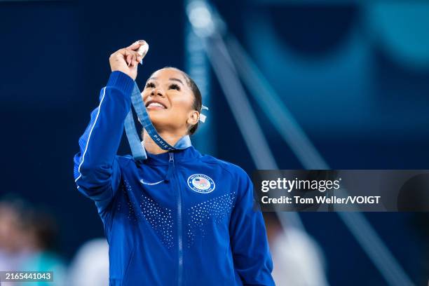 Bronze medalist Jordan Chiles of Team United States celebrates after the Artistic Gymnastics Women's Floor Exercise Final on day ten of the Olympic...