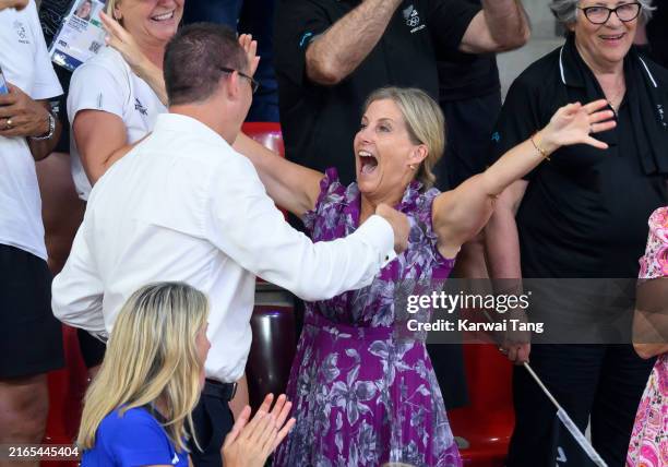 Sophie, Duchess of Edinburgh celebrates after Team GB claim gold in the women’s team sprint with a new world record during day ten of the Olympic...